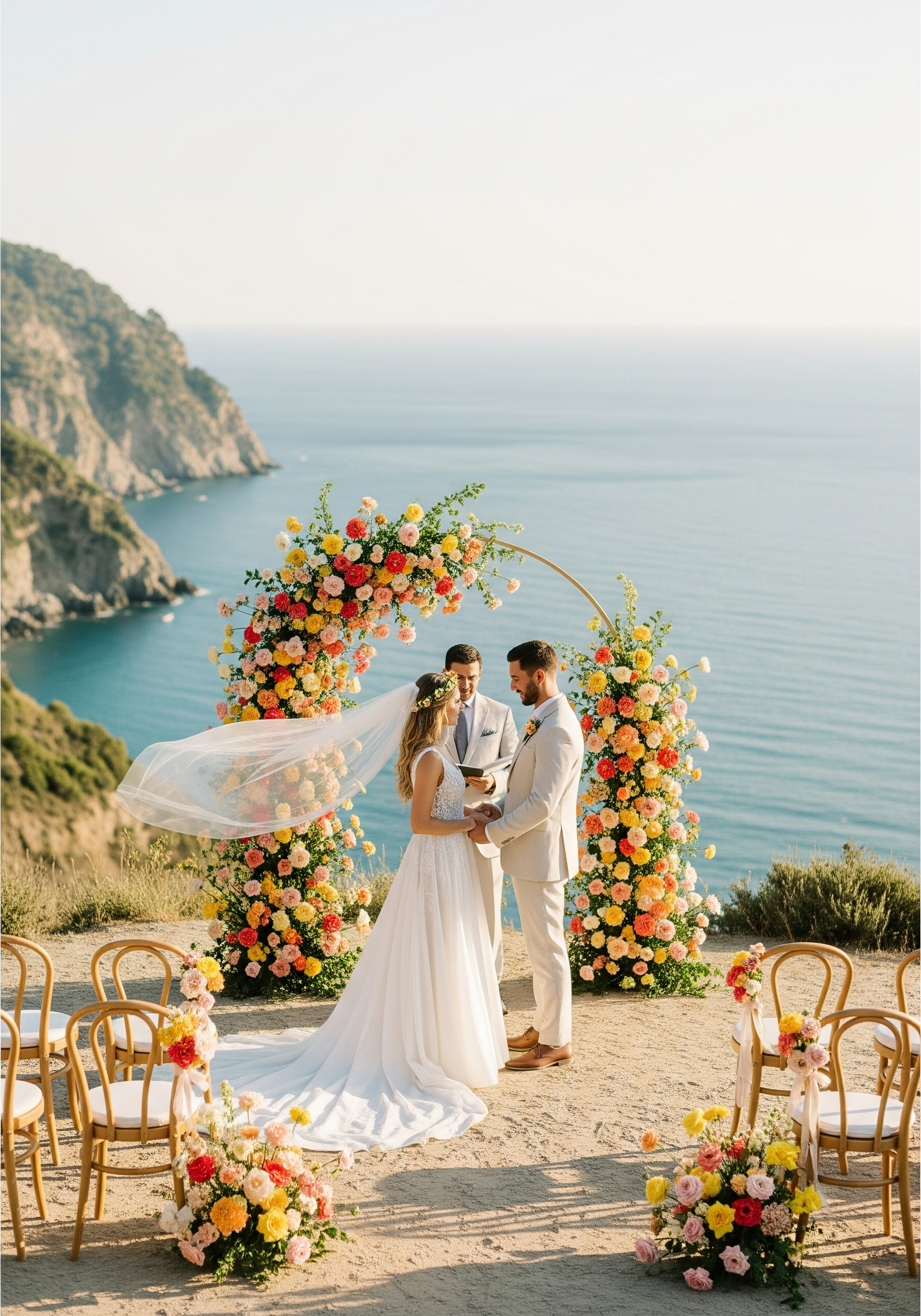 Destination cliffside wedding ceremony with floral arch