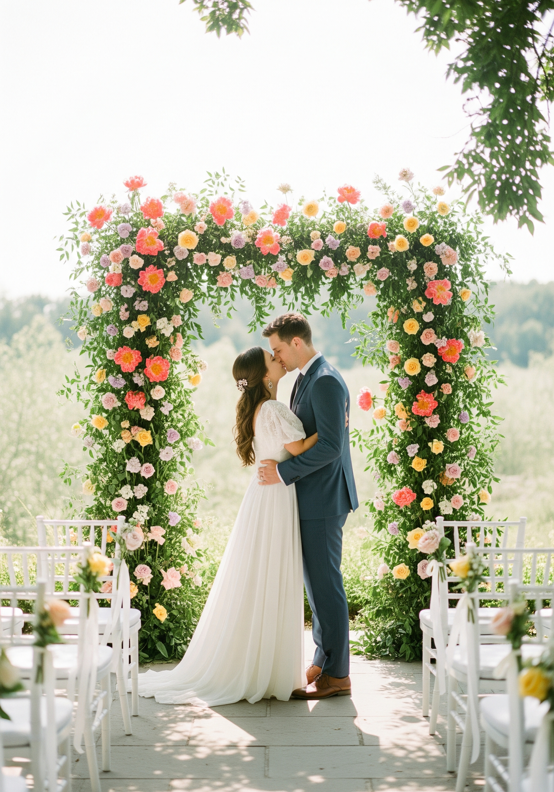 Vibrant floral ceremony arch for outdoor destination wedding