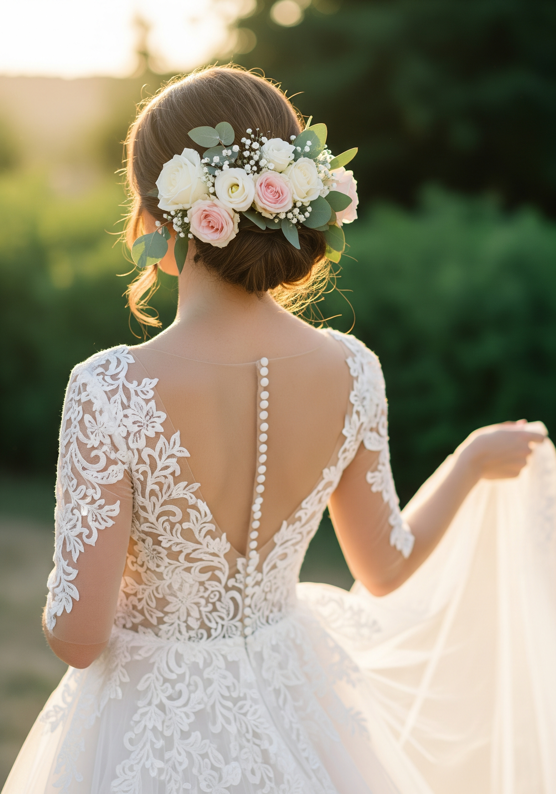 Romantic low bun bridal hairstyle with floral details