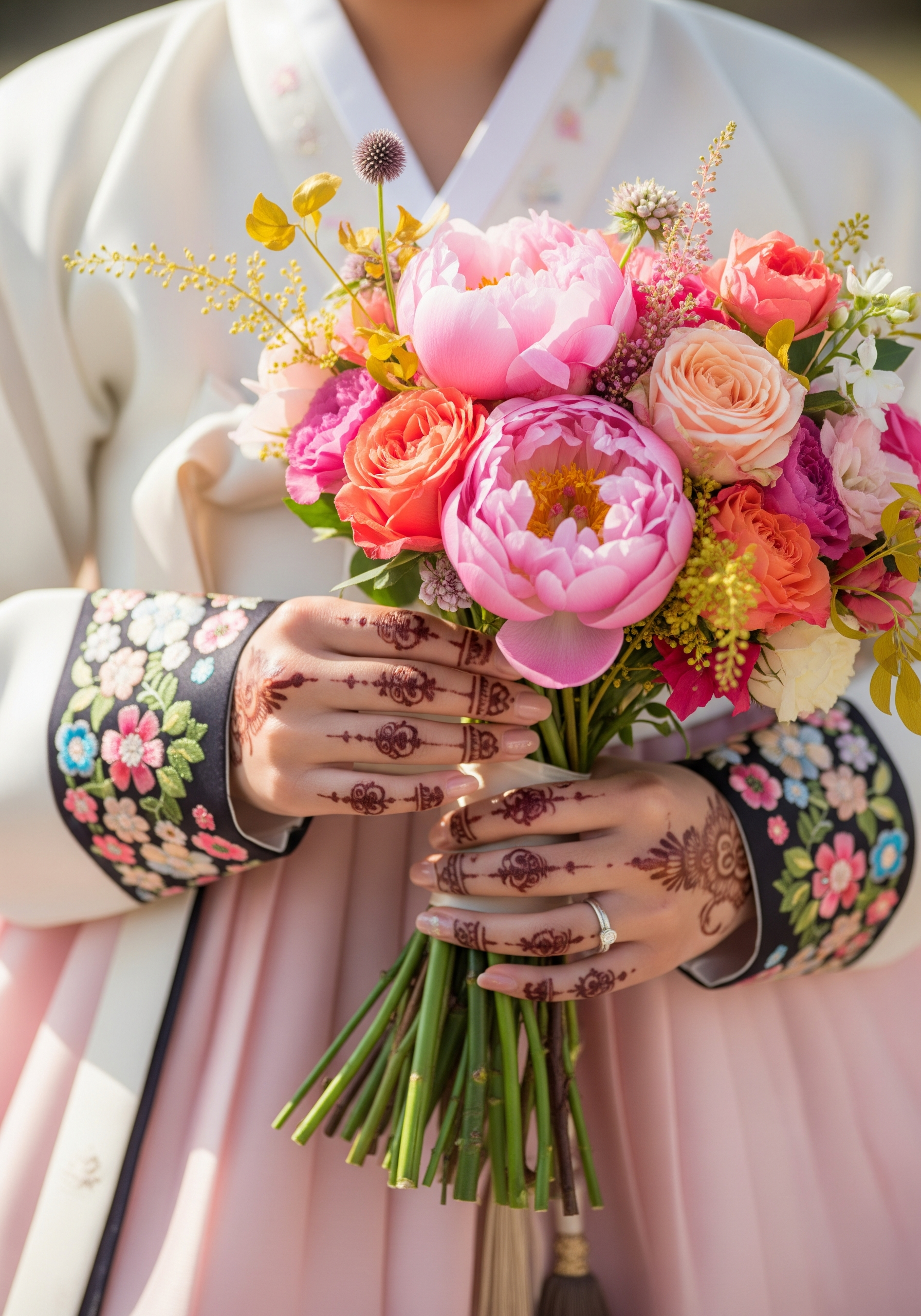Cultural wedding details featuring henna, hanbok, and gele