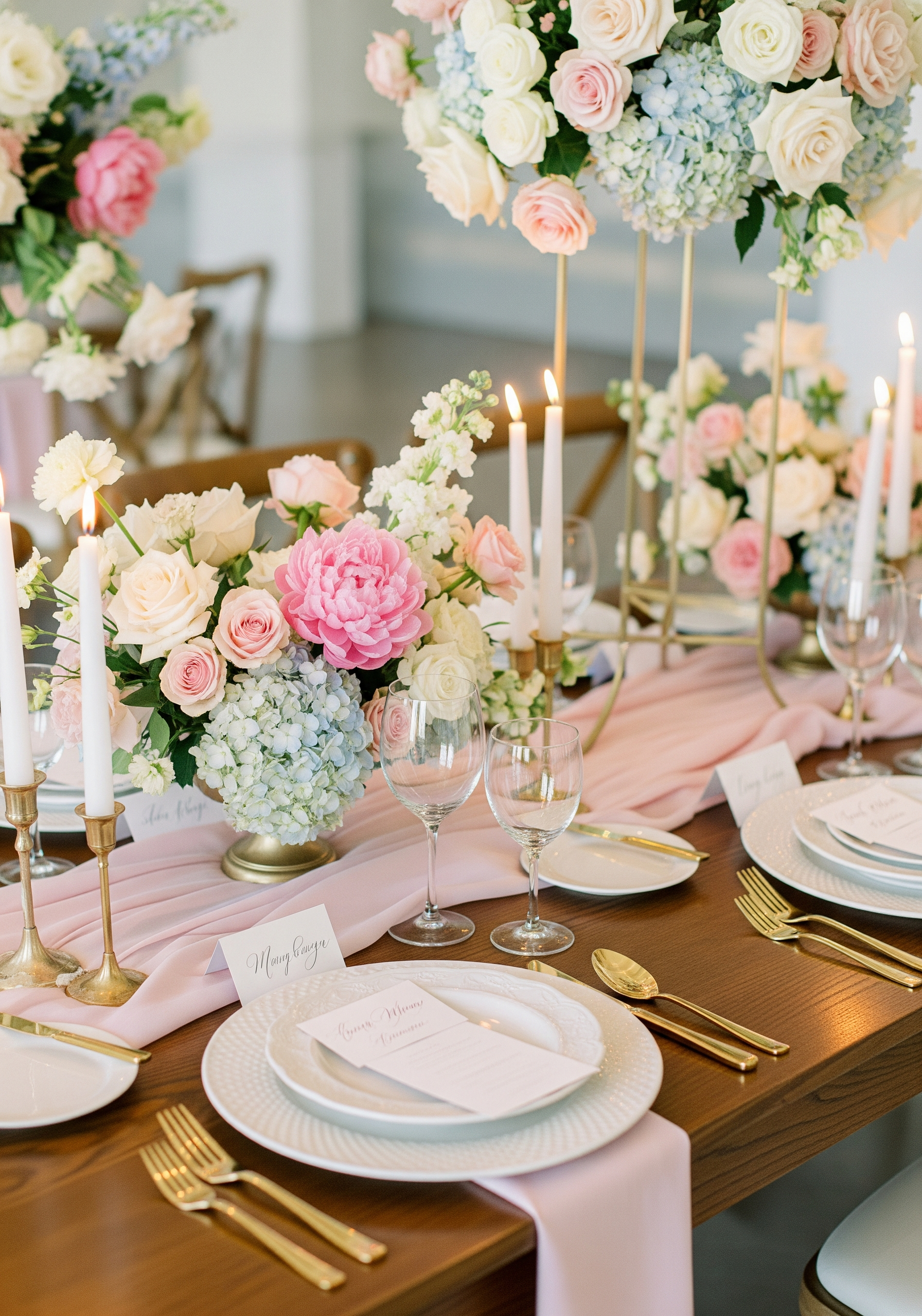 Editorial wedding reception tablescape with floral centerpieces