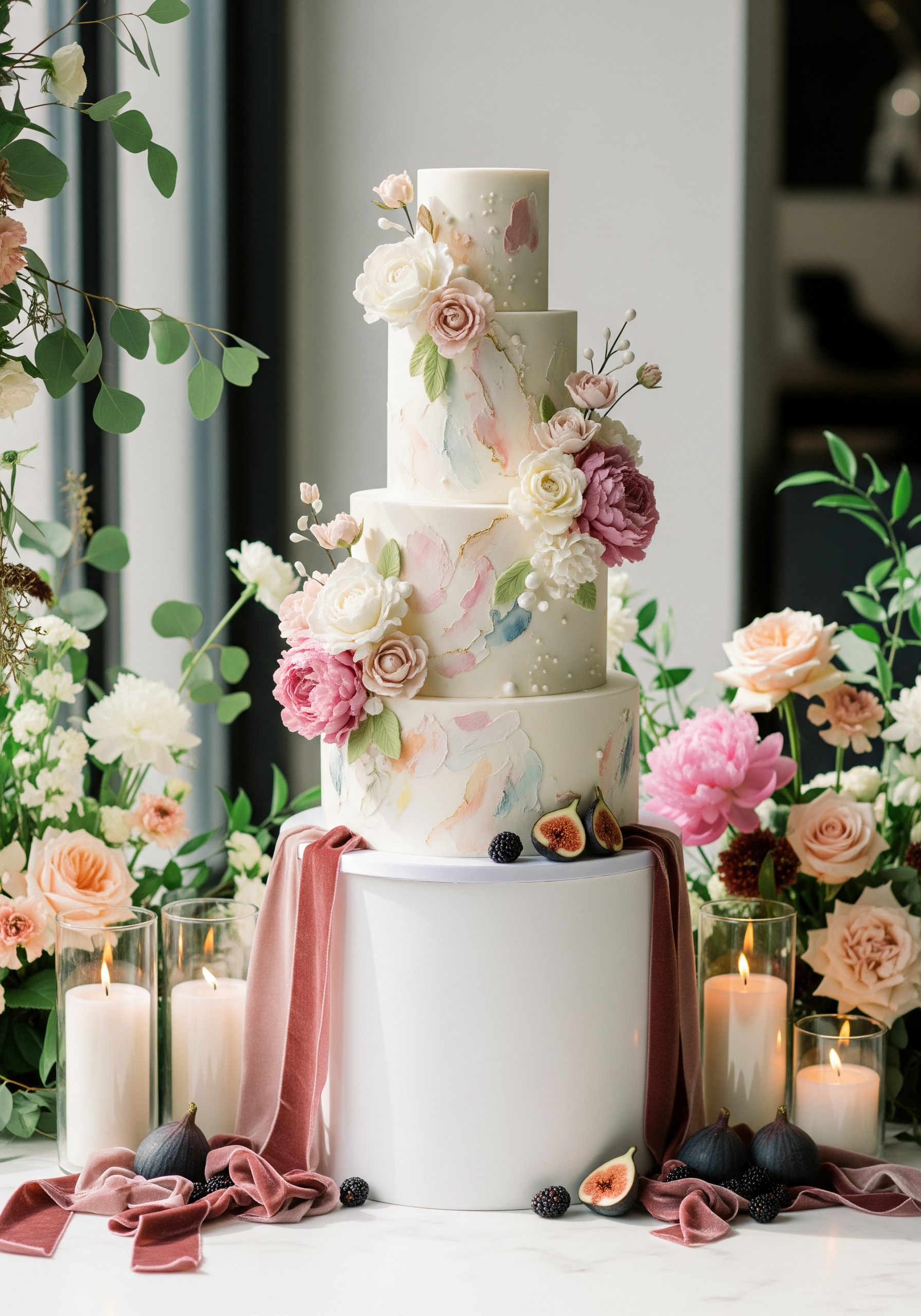 Modern romantic wedding cake with sugar flowers
