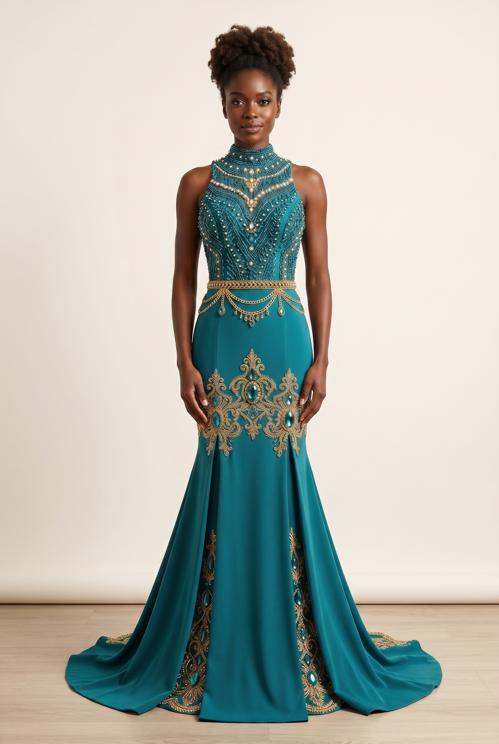 Prom Dress: The Seraphina Teal Gold Beaded Long Sleeve