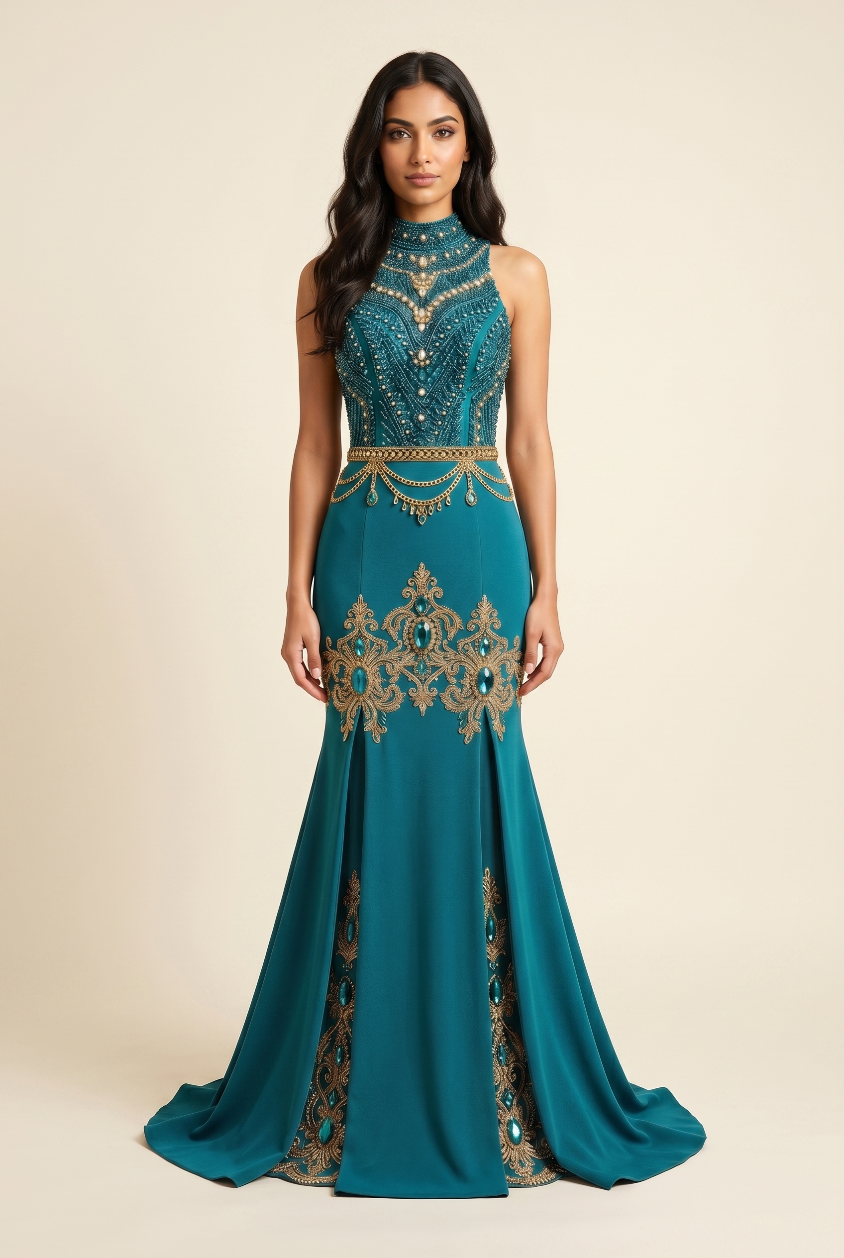 Prom Dress: The Seraphina Teal Gold Beaded Long Sleeve Prom Dress: The Seraphina Teal Gold Beaded Long Sleeve
