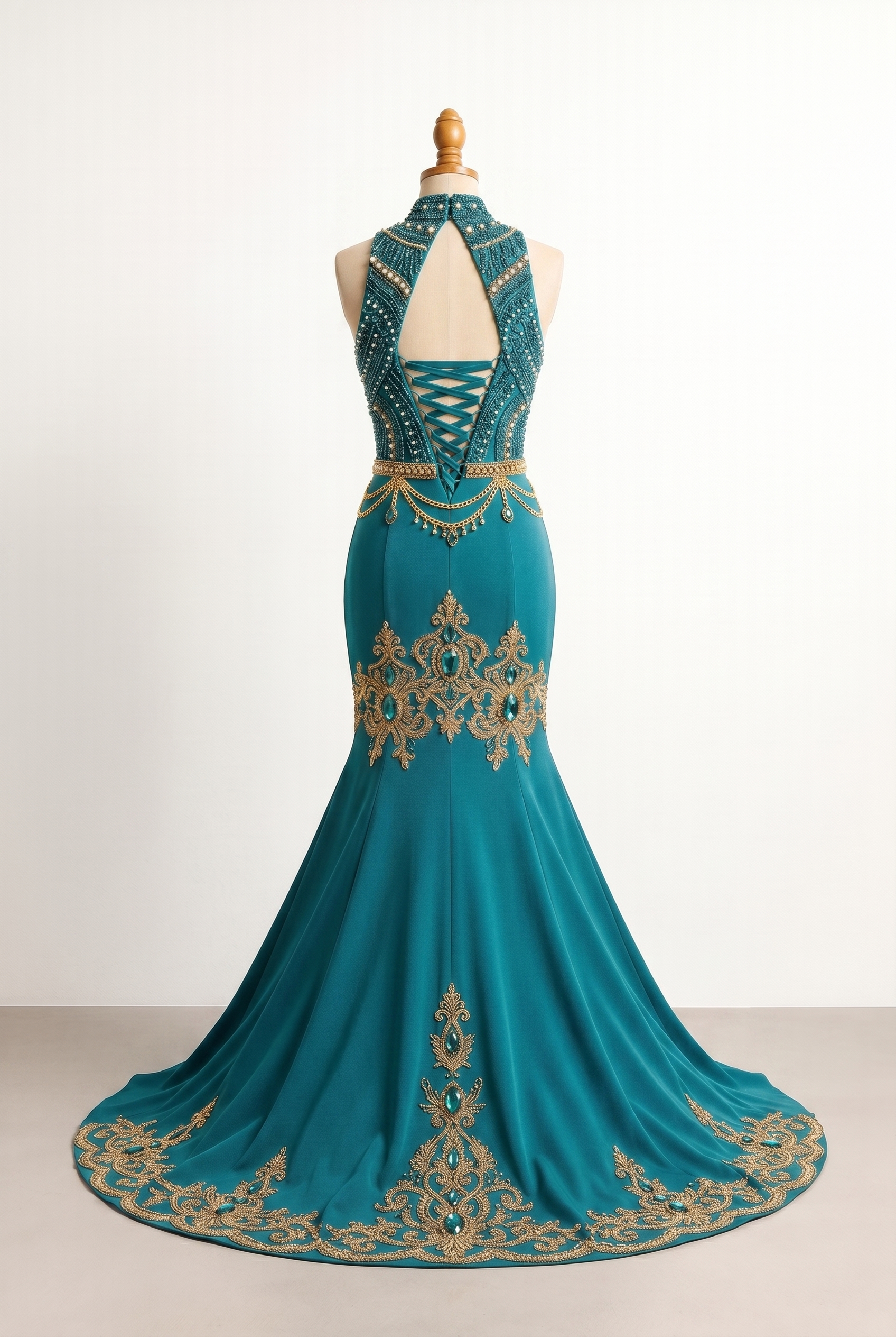 Prom Dress: The Seraphina Teal Gold Beaded Long Sleeve